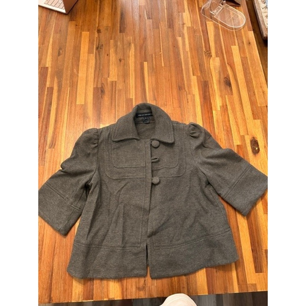 French Connection Grey Cotton Puff Sleeve Cropped Button Front Jacket Size 6